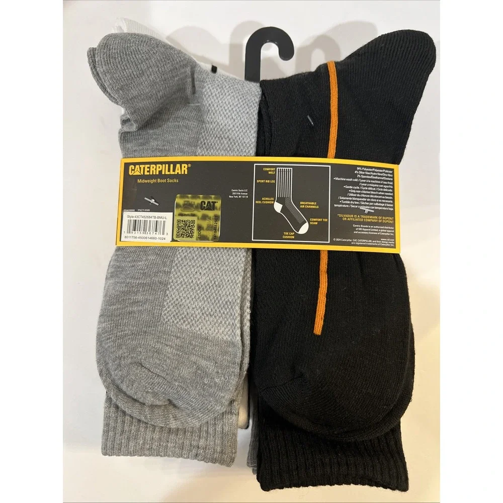 Caterpiller Men's‎ Work Crew Boot Socks White, Gray & Black 6-Pair Size 8-12 NEW